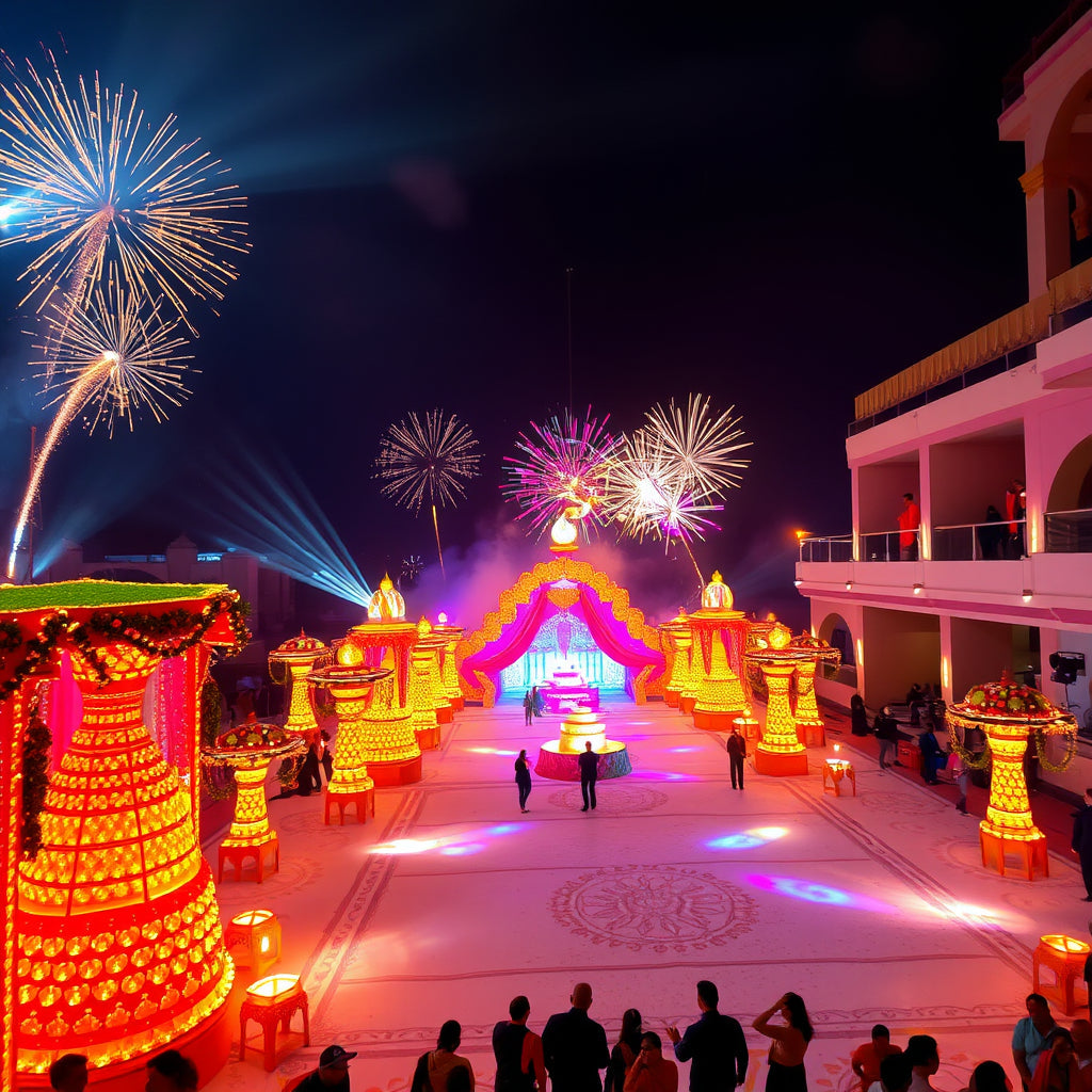 Diwali celebration setup with illuminated décor, fireworks, and guests enjoying the festive ambiance at a luxurious venue.