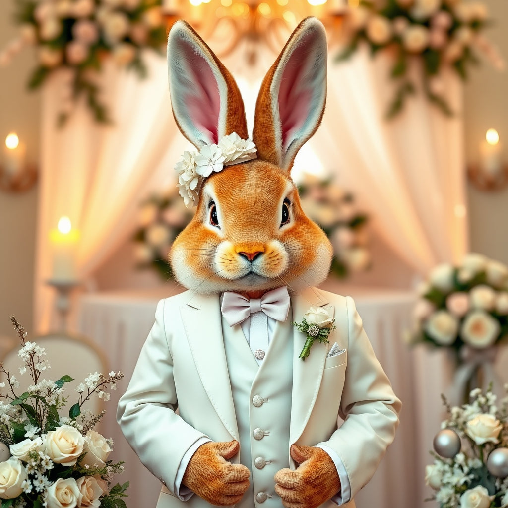 Easter Bunny dressed as a groom in an elegant wedding setting, symbolizing charm and celebration.