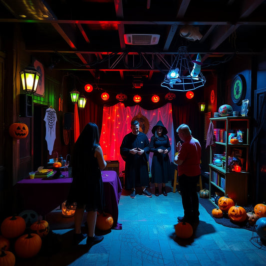 Halloween event setup with spooky decorations and a costumed host greeting guests at a haunted venue.