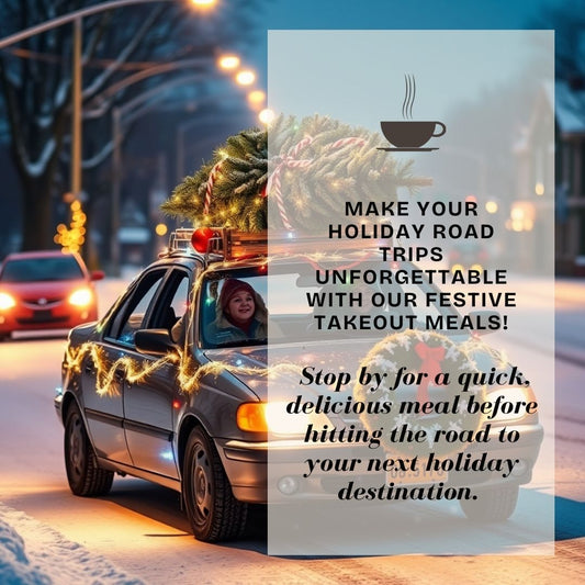 Family driving through snowy street with car decorated in Christmas lights and tree tied to roof