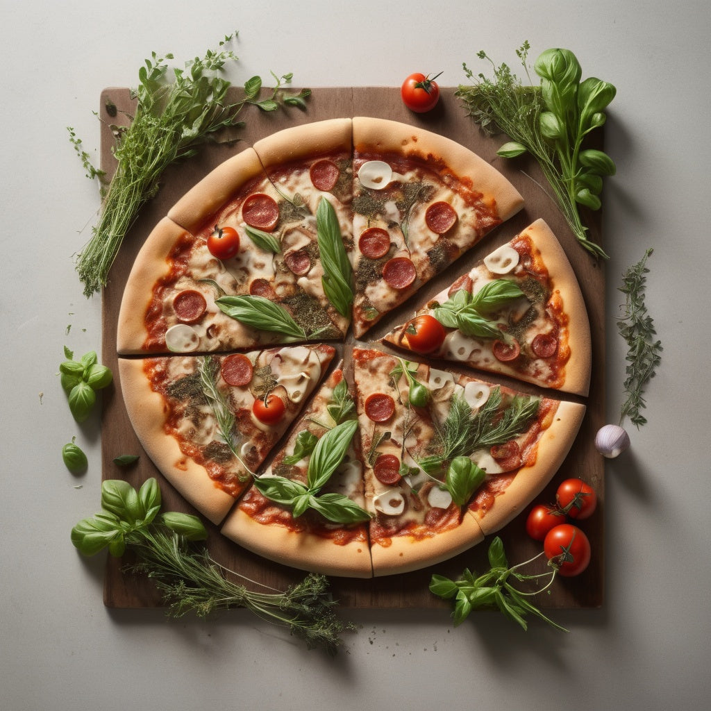 A conceptual pizza with herbs growing from the crust, symbolizing farm-to-table and sustainability.