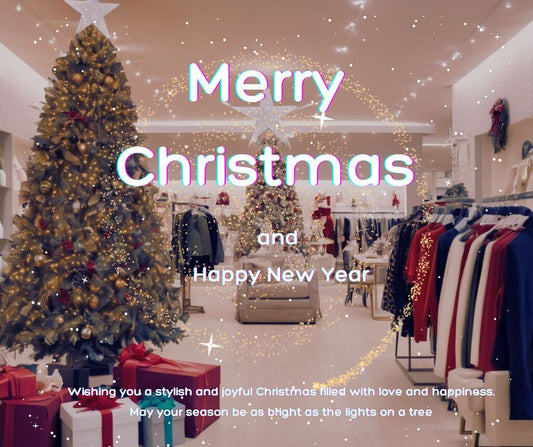 A stylish boutique with Christmas decorations, featuring clothing, accessories, and a glowing Christmas tree.