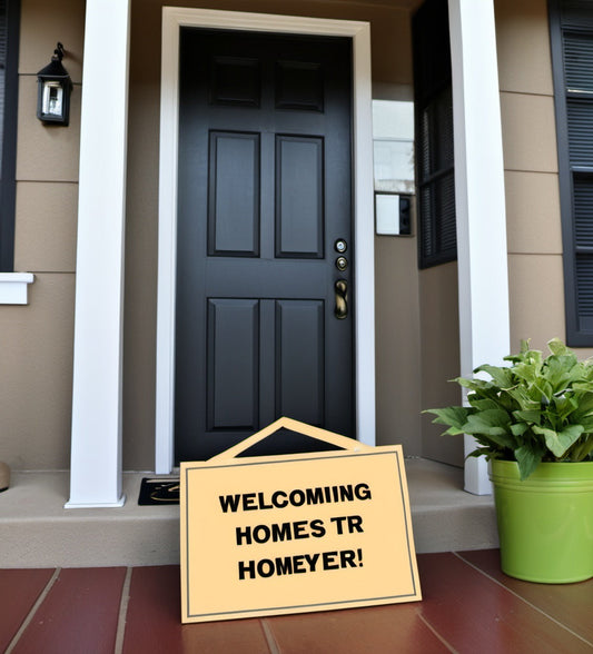 First-time homebuyer welcome sign outside a beautiful property.