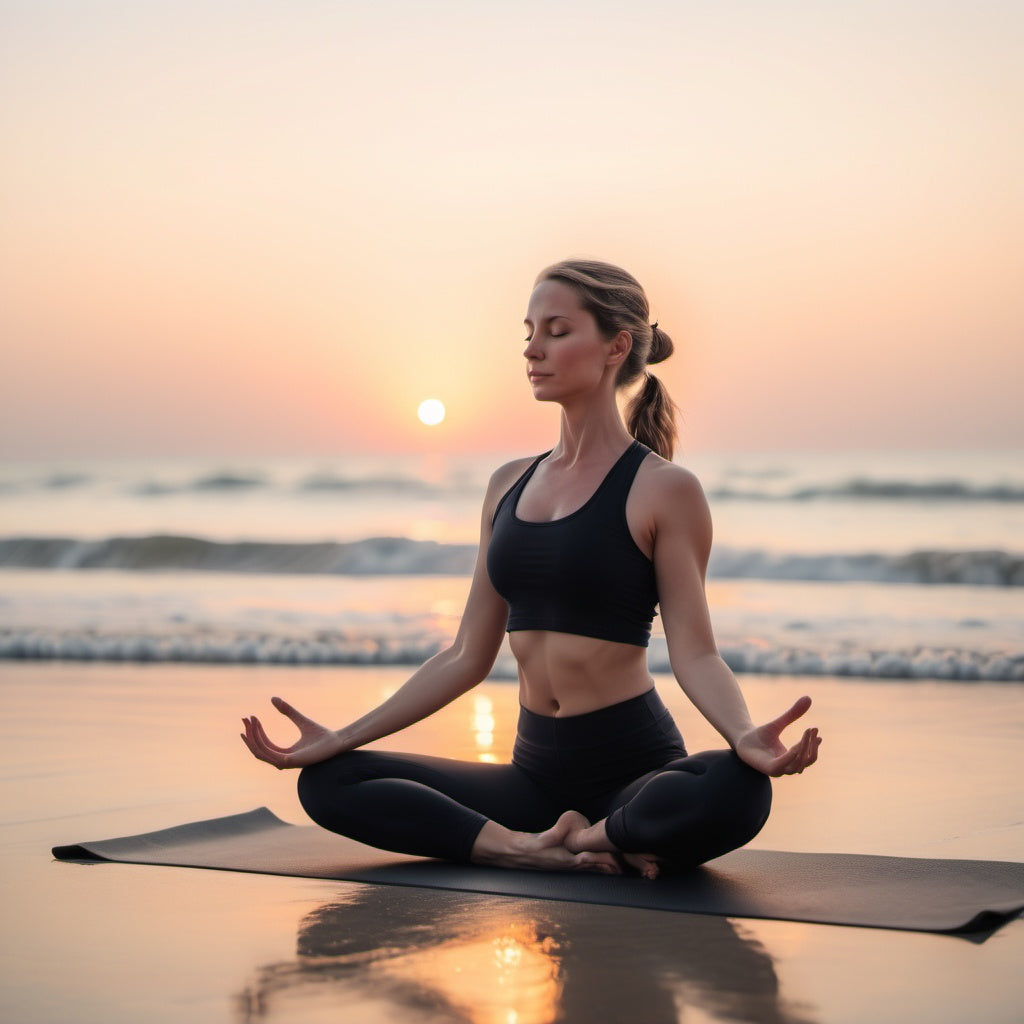 A yoga session on the beach at sunrise, symbolizing peace, strength, and balance in a natural setting.