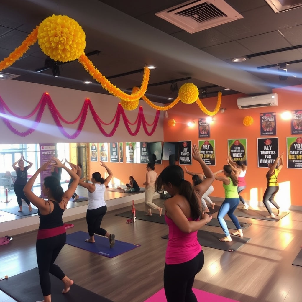 Fitness studio with Diwali decorations, bright lights, and people engaging in yoga or workout classes.