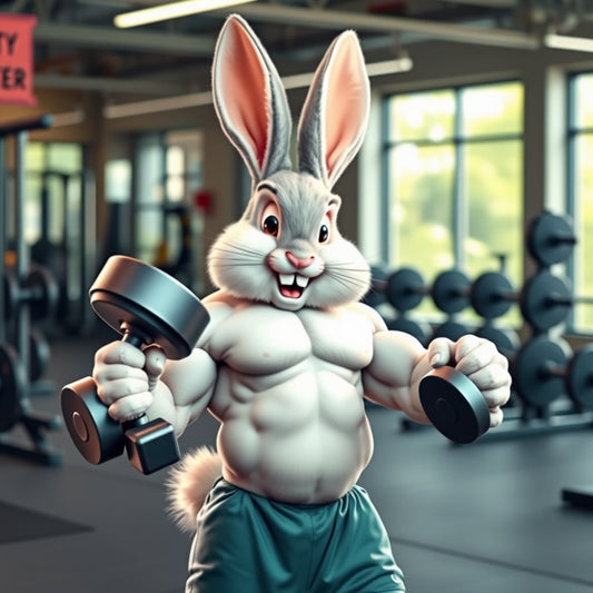 Easter Bunny lifting dumbbells in a gym, emphasizing strength, fitness, and motivation.