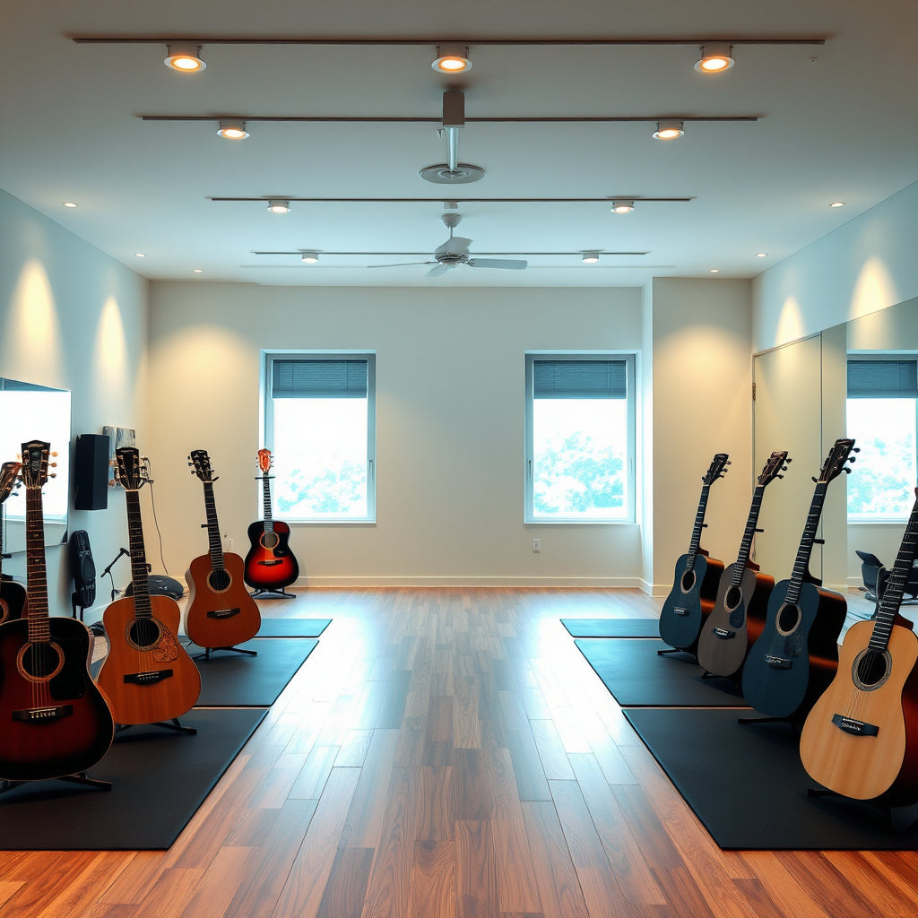 Fitness studio with calming guitar music in the background, creating a peaceful, relaxing environment for yoga classes.