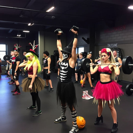 Halloween fitness event with athletes in costumes lifting weights in a spooky gym.