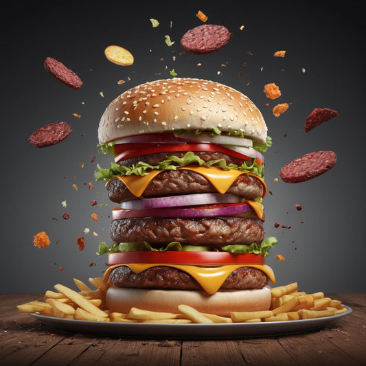 A towering burger with ingredients floating and assembling mid-air, creating a visually dynamic food scene.