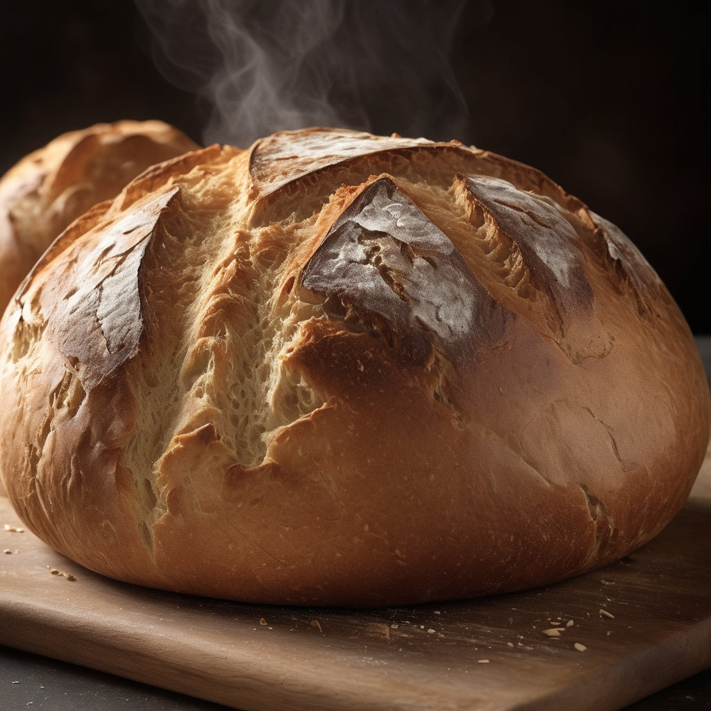 A freshly baked loaf of bread with a golden crust and visible steam rising, capturing warmth and craftsmanship.