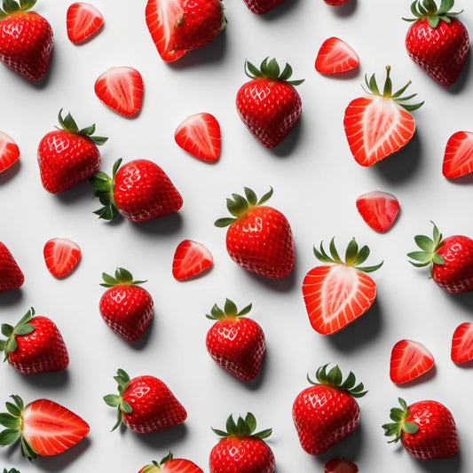 A fresh and clean image featuring a whole and sliced strawberry on a grey and white gradient background. Ideal for social media and food promotions.