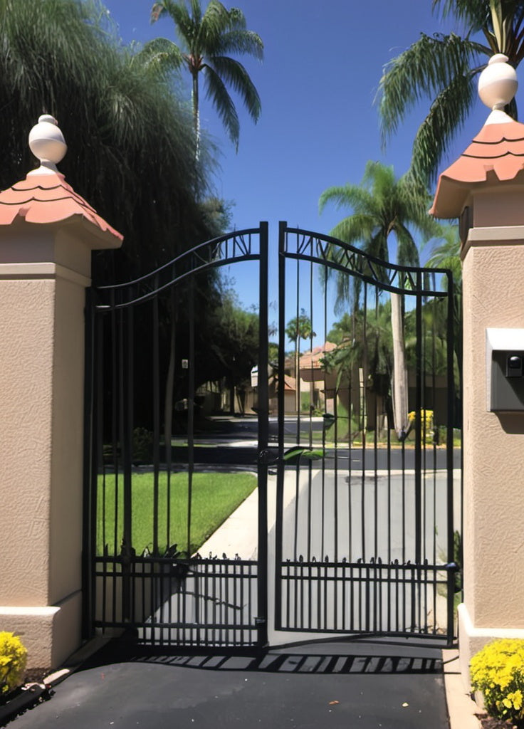 Secure gated community entrance for high-end real estate marketing.