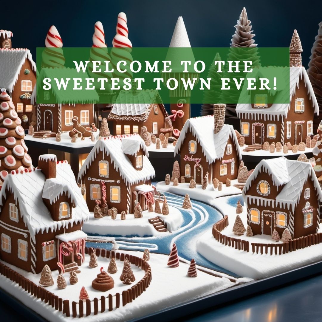 Gingerbread village with candy cane street, tiny houses, and chocolate fountain