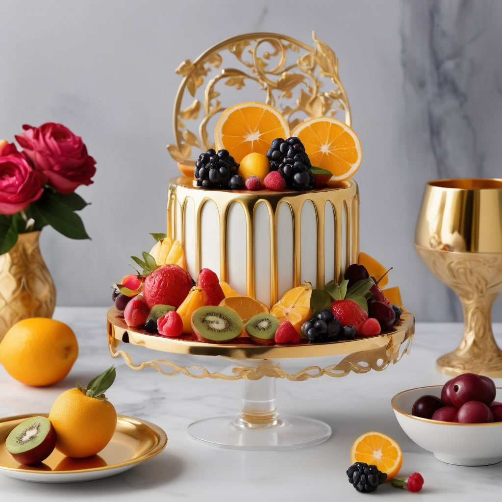 A vibrant gourmet dessert with edible gold and bright fruits, highlighting luxury and intricate details.