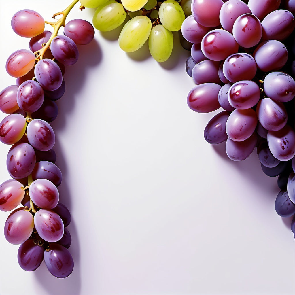 A beautiful design featuring whole and sliced grapes placed in the right-hand corner on a purple-to-white gradient background. Ideal for wine branding, grape juice promotions, and fresh fruit marketing.