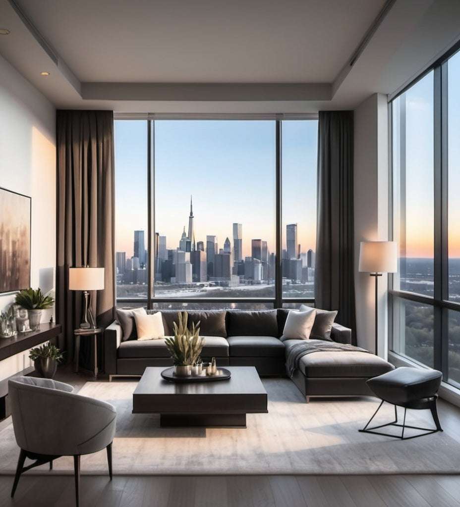 Luxury condo with city skyline views for upscale real estate marketing.