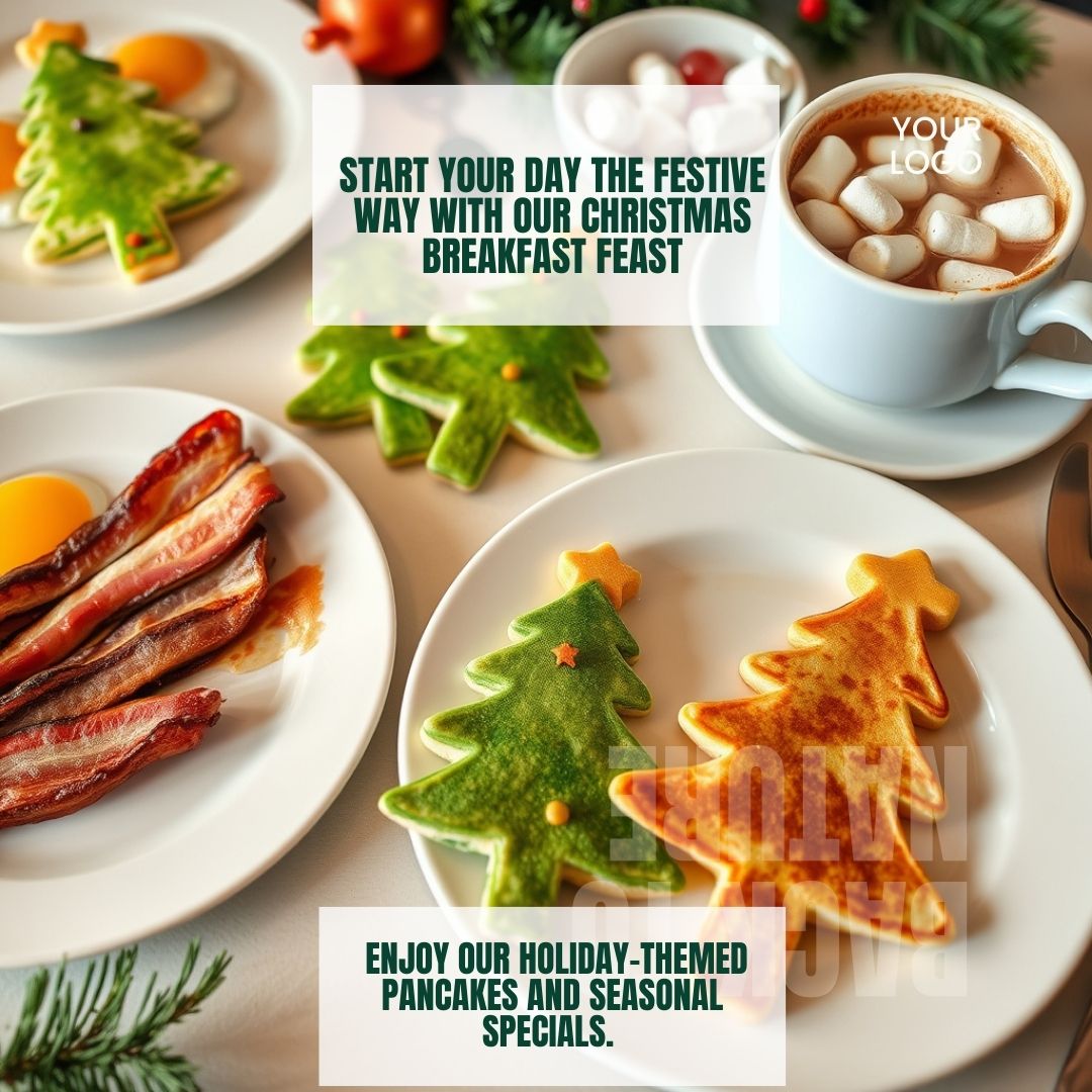 Holiday breakfast with pancakes shaped like Christmas trees, bacon, eggs, hot cocoa