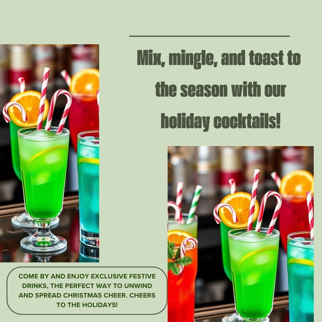 Holiday cocktails with candy canes, orange slices, and festive straws