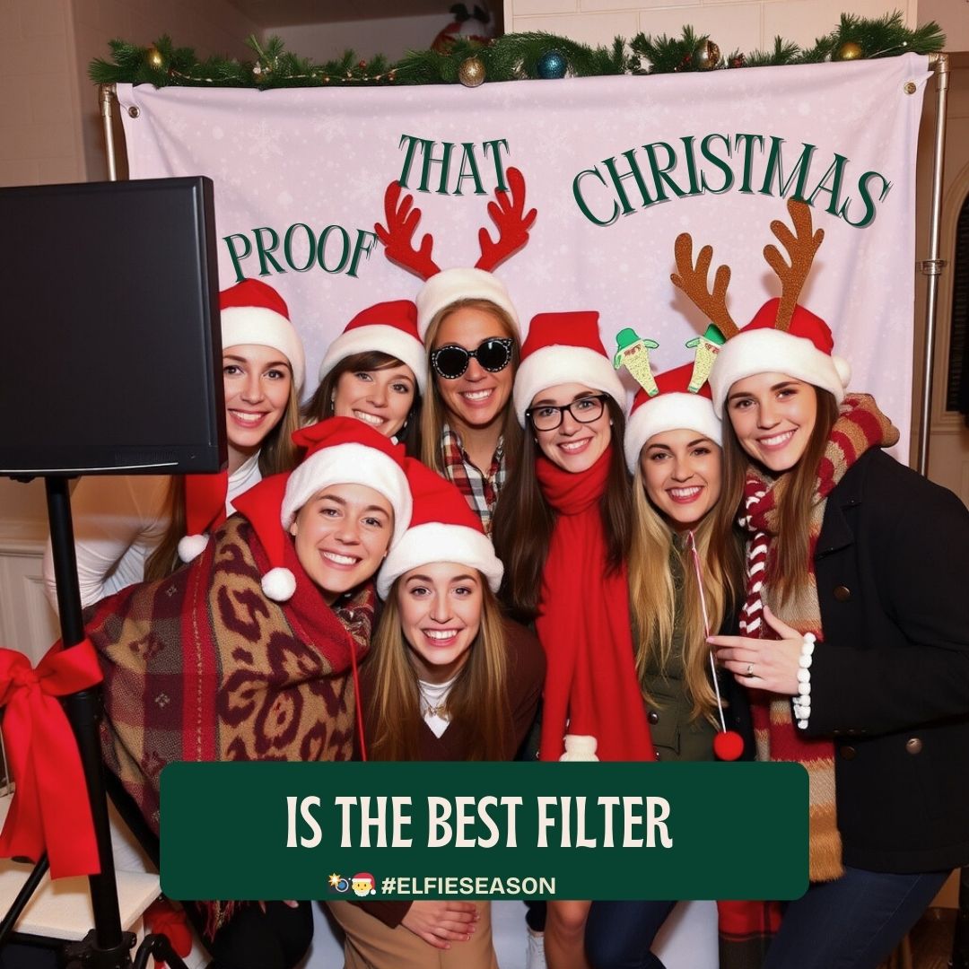 Friends posing with festive props like Santa hats and reindeer antlers in holiday photo booth