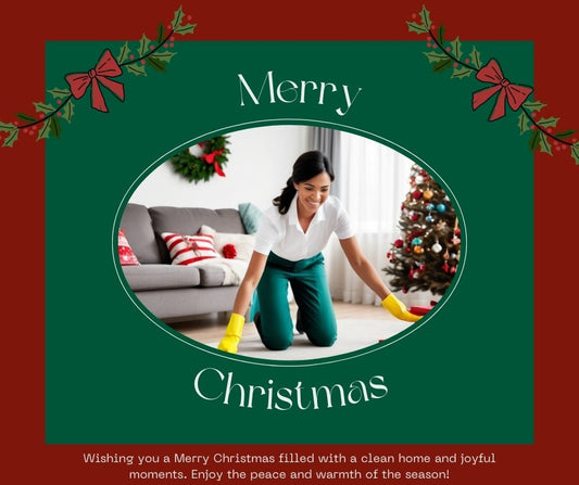 A spotless living room with Christmas decorations, showing a professional cleaner tidying up the space with holiday cheer.