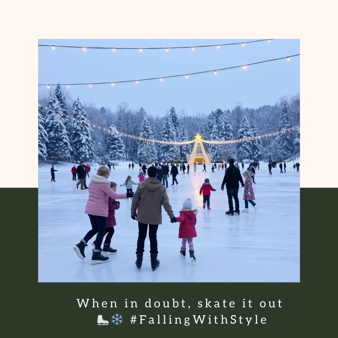 Families and friends ice skating on frozen lake under twinkling string lights