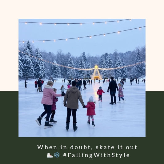 Families and friends ice skating on frozen lake under twinkling string lights