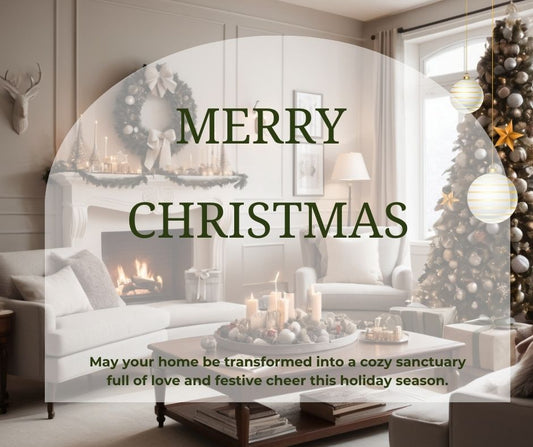 An elegant living room with Christmas decorations, showcasing stylish furniture, a Christmas tree, and cozy accents.