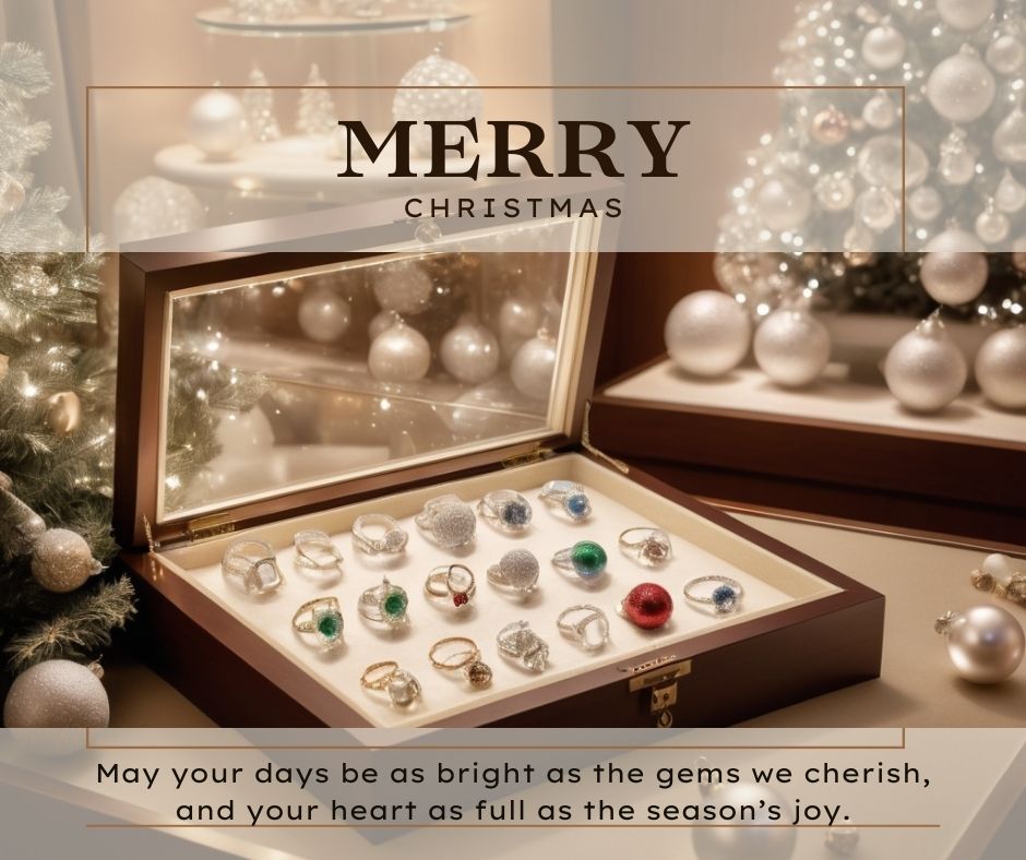 A jewelry display case with sparkling diamonds and rings surrounded by Christmas ornaments, lit up with soft, warm light.