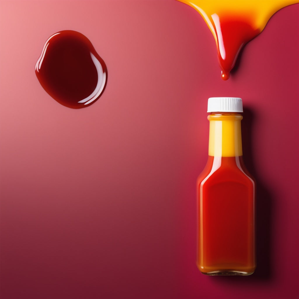 A bold and tangy design featuring a ketchup sauce bottle on a red-to-yellow gradient background. Ideal for condiment branding, fast food marketing, and restaurant promotions.