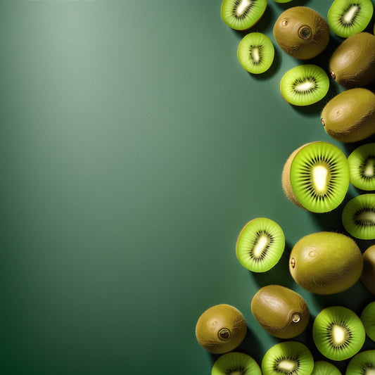 A tropical design featuring whole and sliced kiwis on a green-to-white gradient background. Perfect for smoothie and juice bars, fresh fruit campaigns, and healthy food promotions.