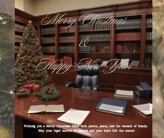 A law office with Christmas decorations, showing a lawyer's desk, books, and holiday ornaments on the shelves.