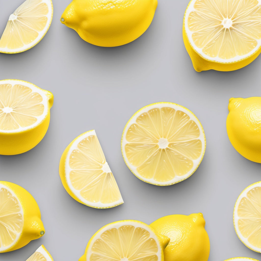 A sleek image of a whole and sliced lemon on a grey and white gradient background. Ideal for food and beverage marketing, fresh promotions, and social media posts.