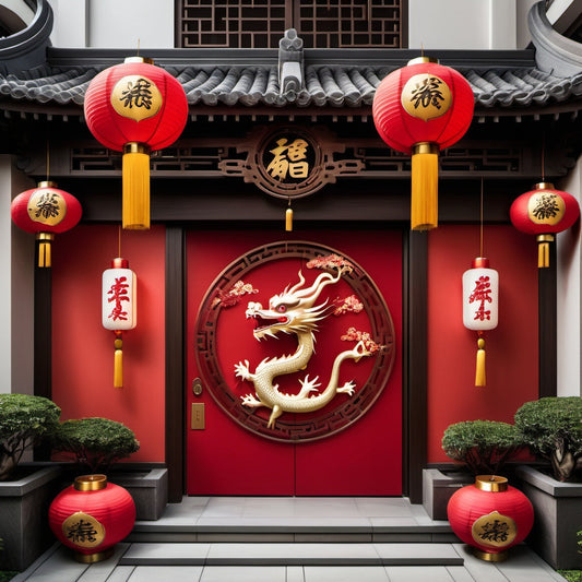 A luxurious real estate property adorned with Chinese New Year dragon motifs and red lanterns.