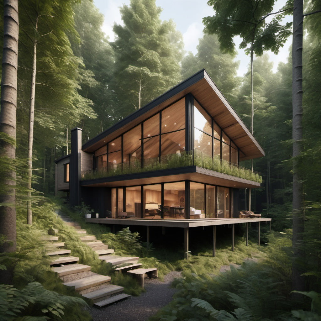 A luxurious forest cabin retreat, modernly designed and surrounded by tall trees and lush greenery, symbolizing exclusivity.