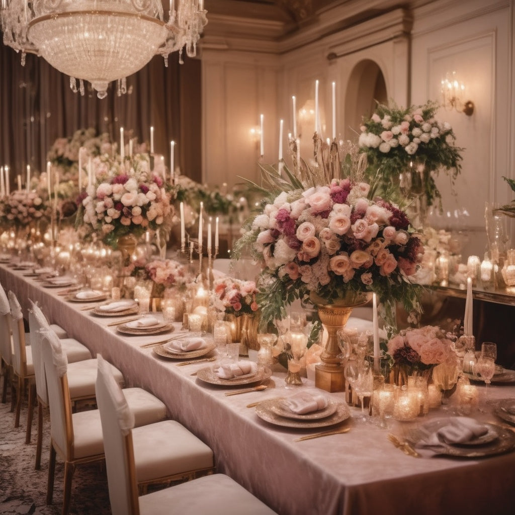 A luxurious wedding scene with elegant decor, floral arrangements, and a high-end atmosphere, ideal for luxury wedding planners and event organizers.