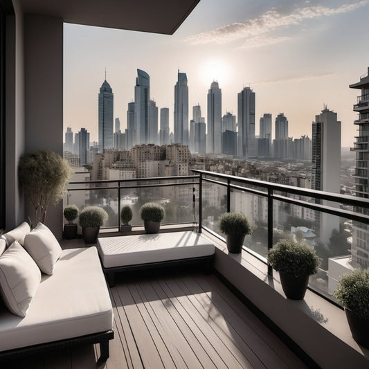 Luxury apartment balcony with stunning city view for real estate marketing.