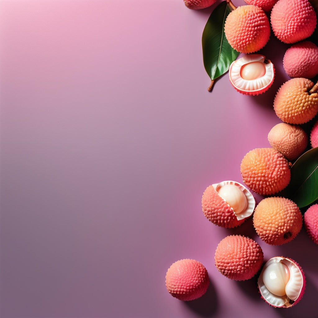 A tropical and exotic design featuring whole lychee fruit on a pink-to-white gradient background. Ideal for exotic fruit marketing, summer beverages, and gourmet dessert promotions.