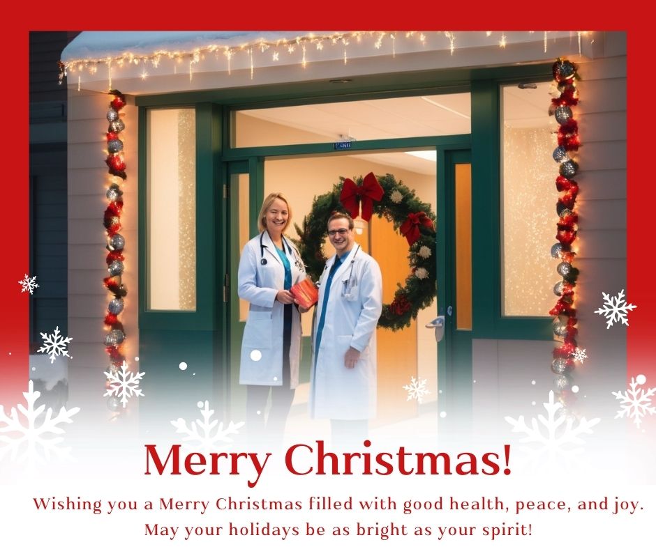 A medical clinic decorated with Christmas lights, featuring a doctor and patient smiling, with a festive wreath on the door.