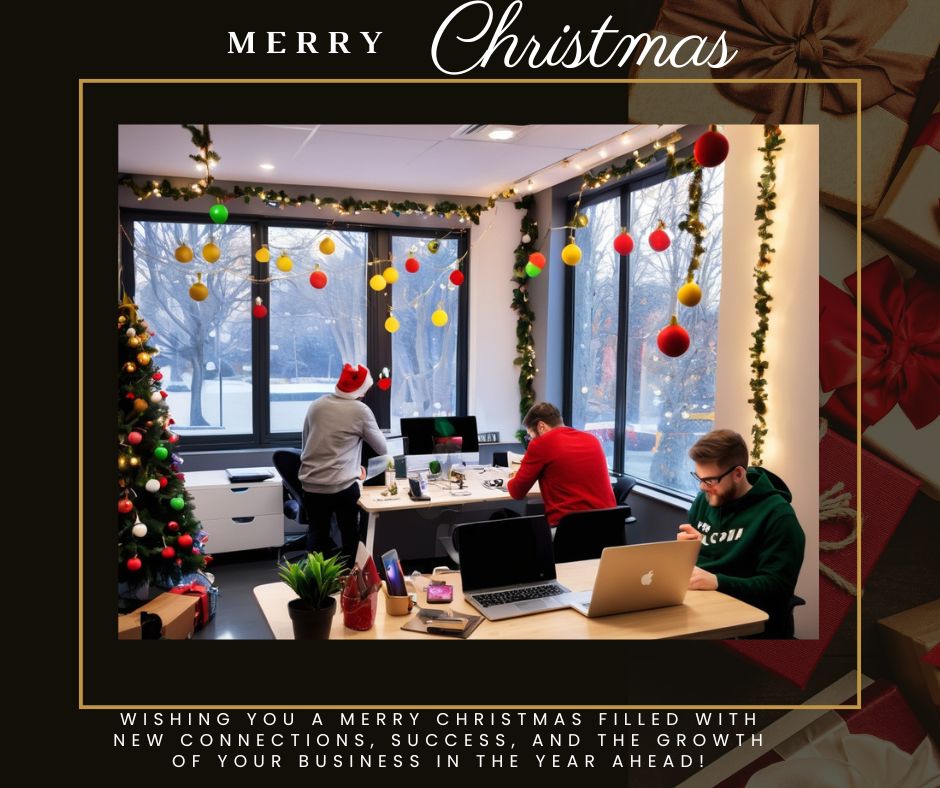 A mobile app development office decorated with Christmas lights, showing a team working on app designs and festive decorations around.