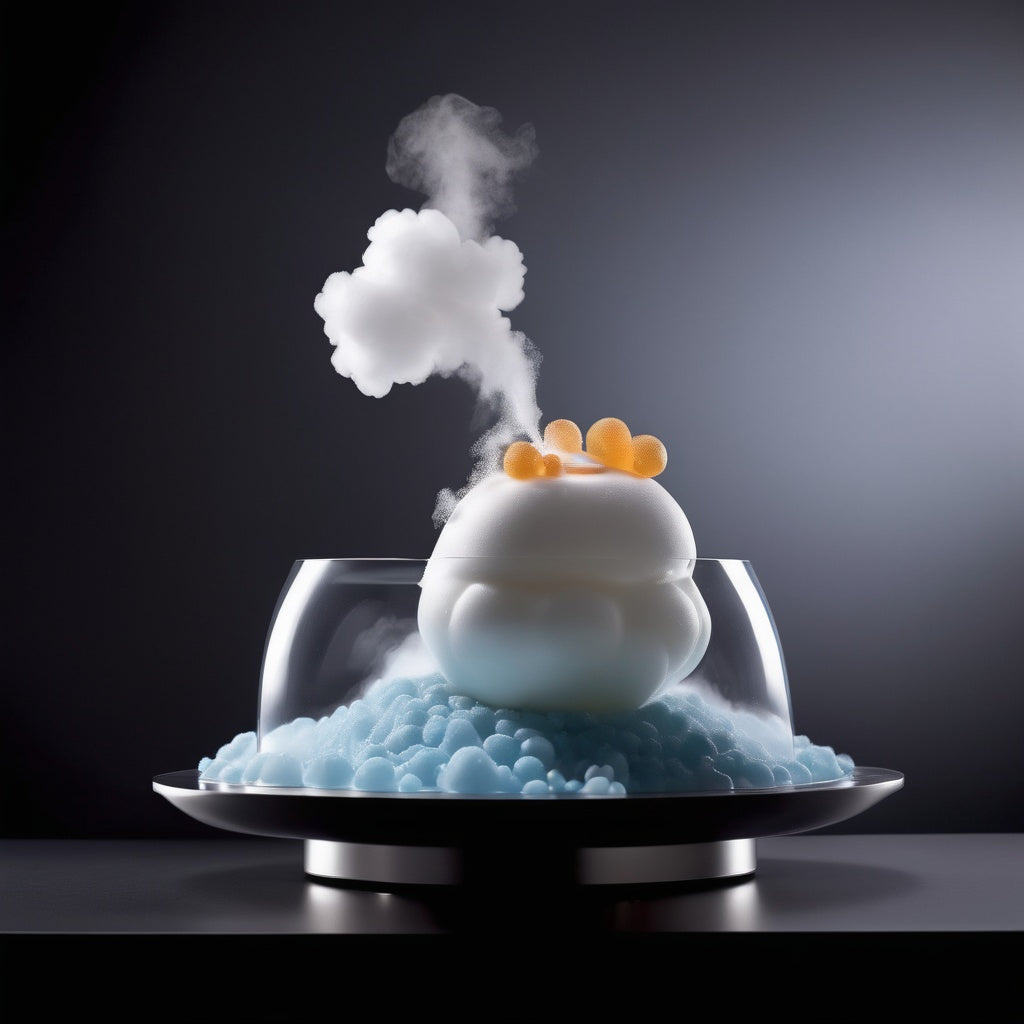 A futuristic dish featuring molecular gastronomy elements like foams and gels, showcasing modern food science.