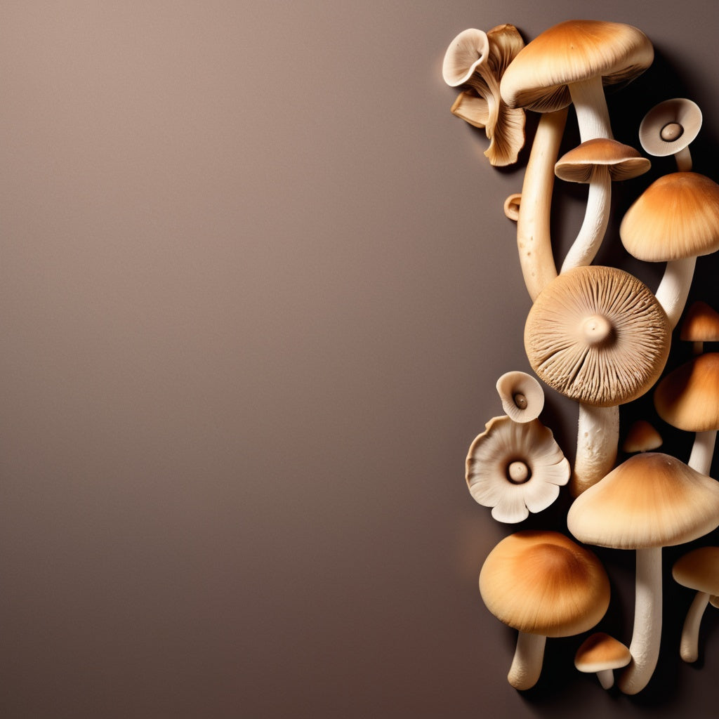 A rustic design featuring whole and sliced mushrooms on a brown-to-beige gradient background. Ideal for vegetarian or vegan food marketing, fresh produce branding, and savory dish promotions.