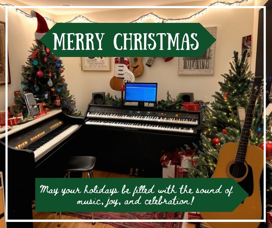 A music studio with musical instruments like guitars and pianos, surrounded by Christmas lights and decorations.