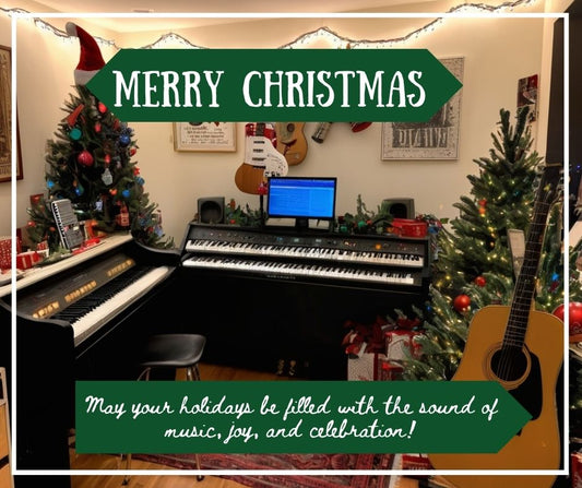 A music studio with musical instruments like guitars and pianos, surrounded by Christmas lights and decorations.