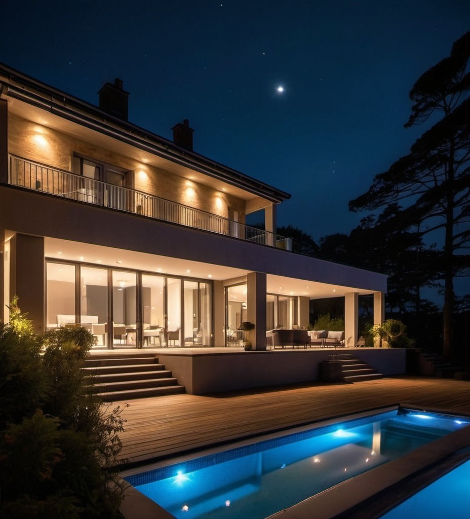 Property beautifully illuminated at night for night-time real estate marketing.