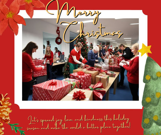 A charity office with Christmas decorations, showing volunteers wrapping gifts and packing donations in a festive atmosphere.