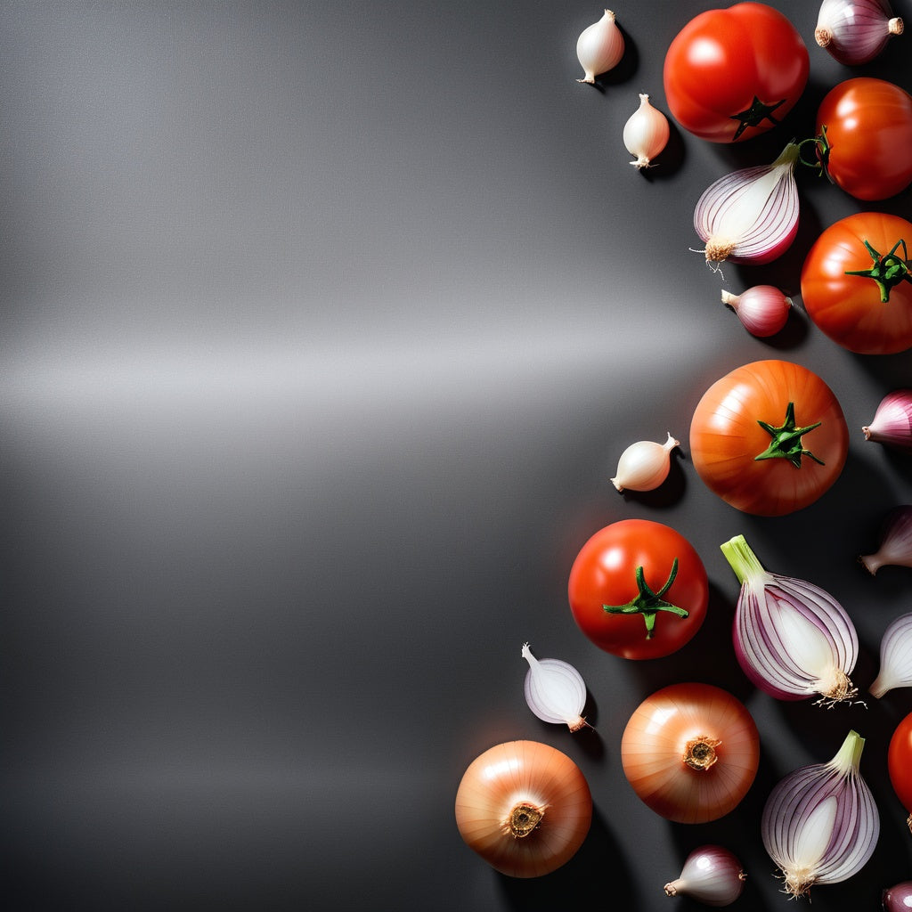 A fresh and vibrant design featuring whole onions and sliced tomatoes placed in the right-hand corner on a red-to-white gradient background. Perfect for fresh produce marketing, food promotions, and social media content.