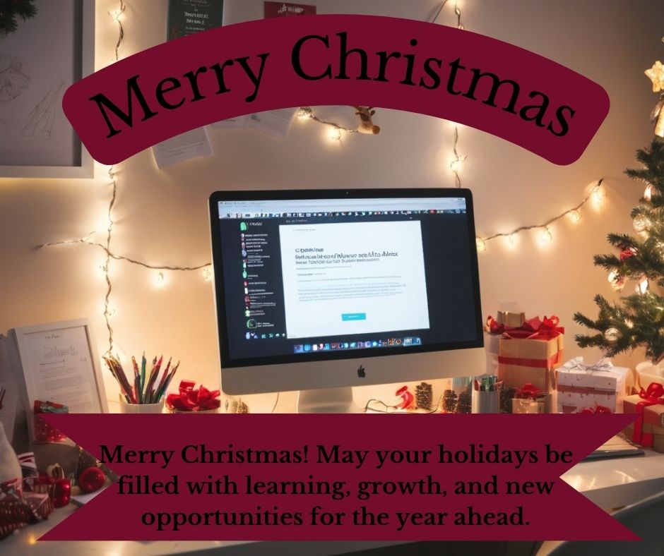 A home workspace with a computer showing online courses, surrounded by Christmas lights and holiday-themed décor.