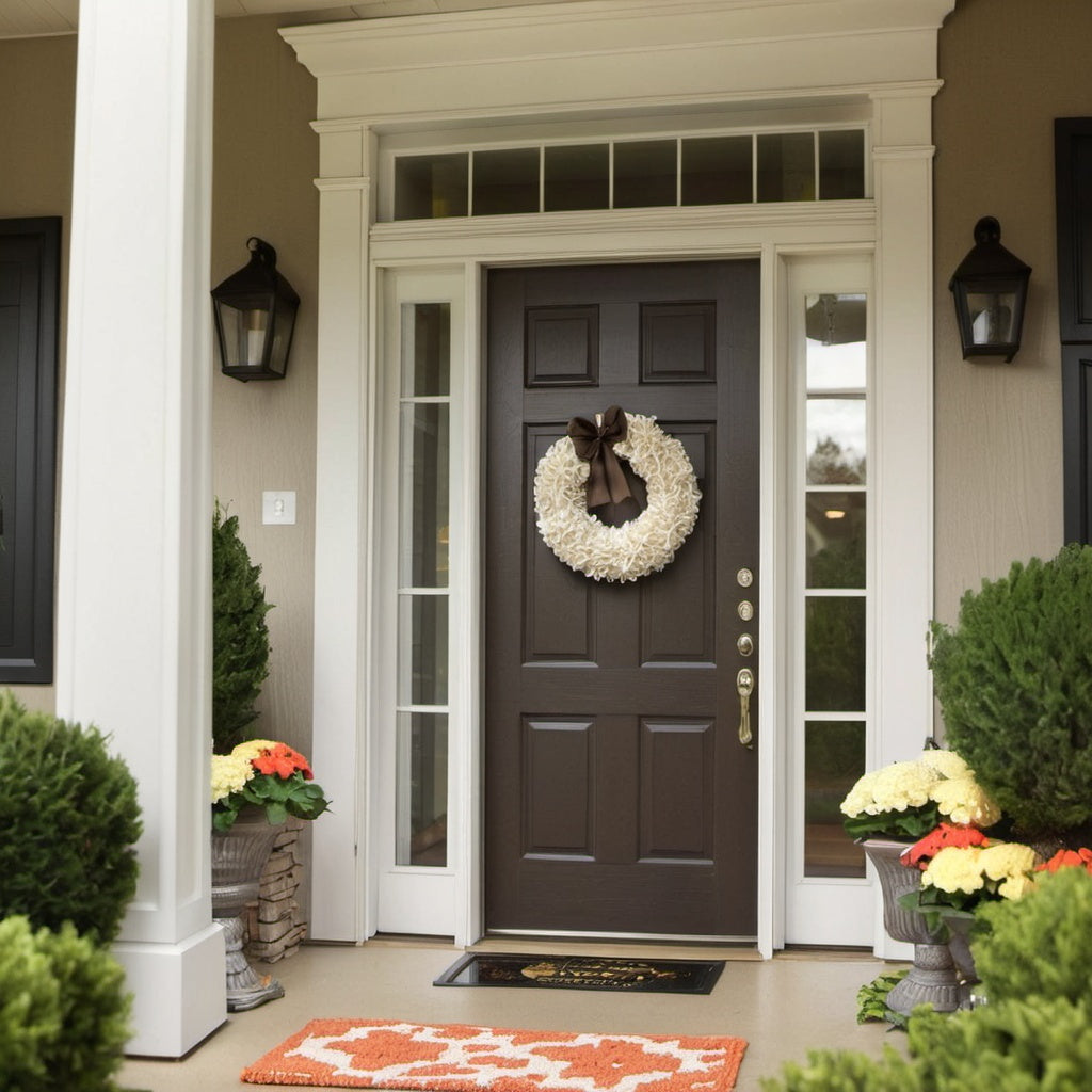 Welcoming front door with an open house invitation sign for real estate marketing.