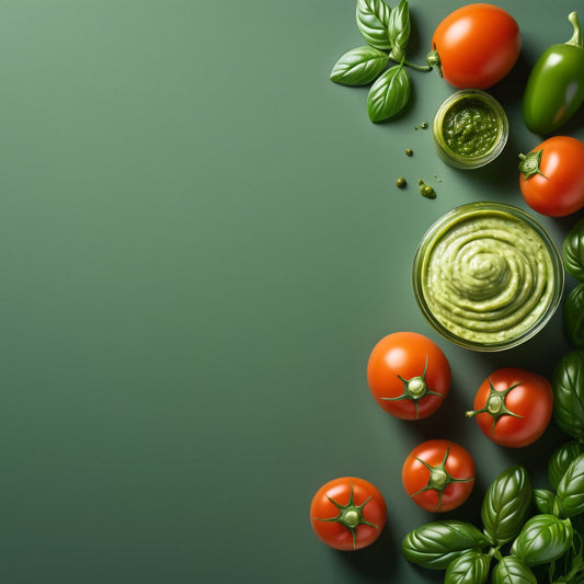 A fresh and herbal design featuring pesto sauce on a green-to-white gradient background. Ideal for Italian cuisine marketing, pasta sauce promotions, and gourmet food branding.