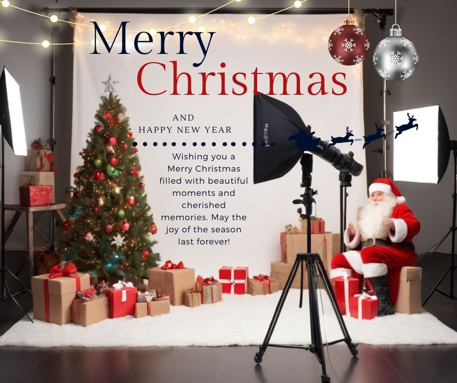 A photography studio with Christmas-themed props, including a camera, a holiday backdrop, and lights.